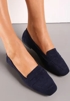 Granatowe Mokasyny z Kwadratowym Noskiem z Imitacji Zamszu Lalina