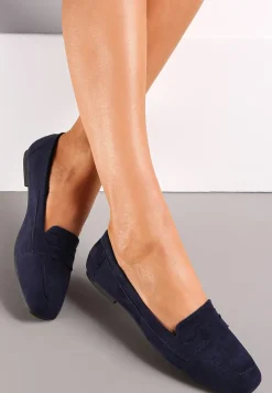 Granatowe Mokasyny z Kwadratowym Noskiem z Imitacji Zamszu Lalina