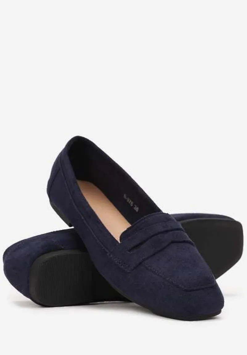 Granatowe Mokasyny z Kwadratowym Noskiem z Imitacji Zamszu Lalina