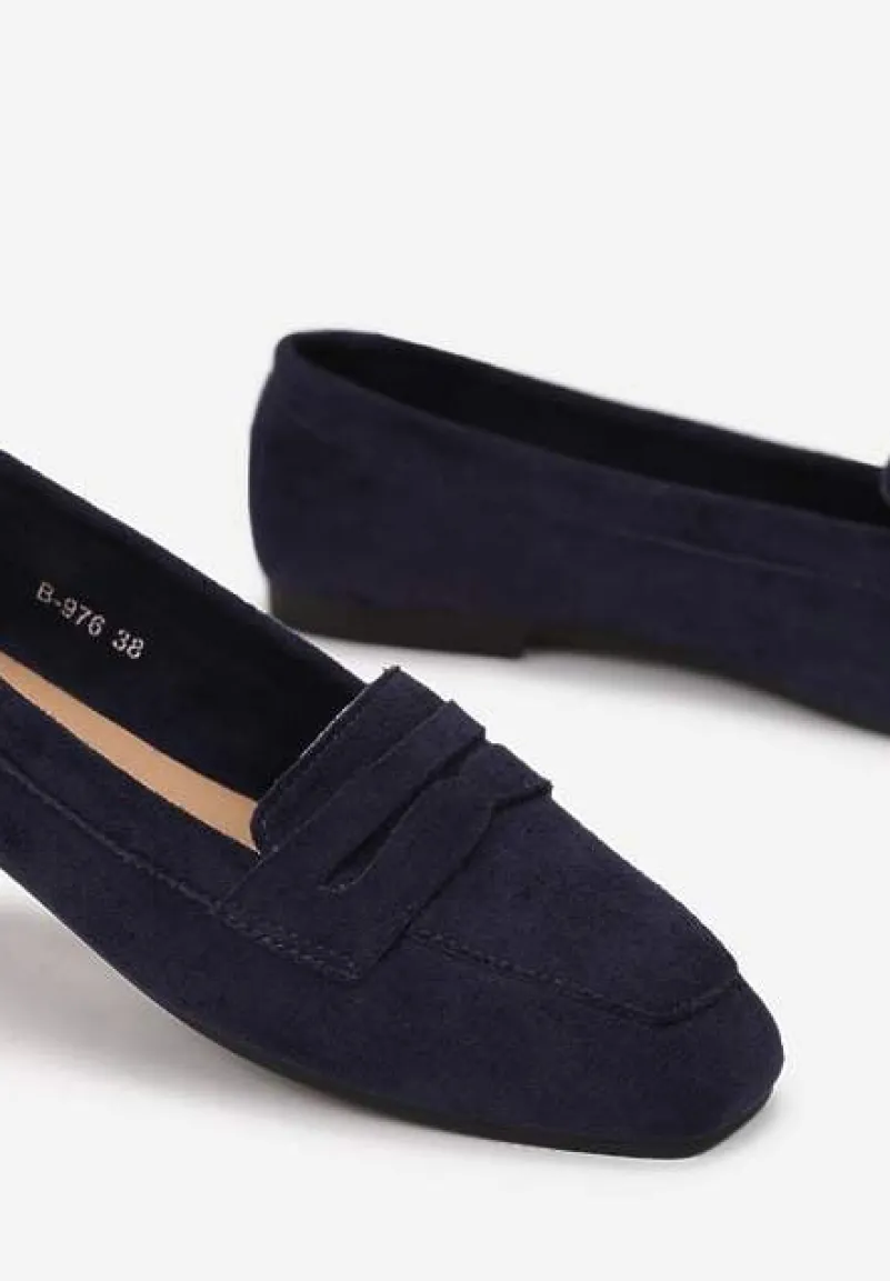 Granatowe Mokasyny z Kwadratowym Noskiem z Imitacji Zamszu Lalina
