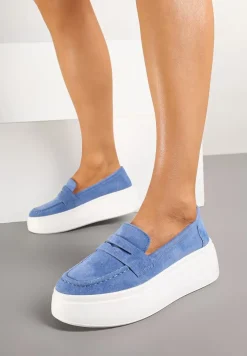 Granatowe Mokasyny ze Skóry Naturalnej na Platformie Eleanine