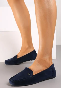 Granatowe Mokasyny ze Skórzaną Wkładką i Przeszyciami Yaritza