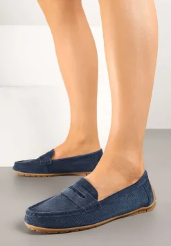 Granatowe Mokasyny ze Skóry Naturalnej Zdobione Perforacją Revaya
