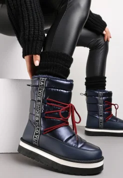 Granatowe Ocieplane Wsuwane Śniegowce na Grubej Podeszwie z Ozdobną Taśmą z Napisami Bharali