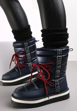 Granatowe Ocieplane Wsuwane Śniegowce na Grubej Podeszwie z Ozdobną Taśmą z Napisami Bharali