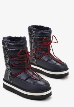 Granatowe Ocieplane Wsuwane Śniegowce na Grubej Podeszwie z Ozdobną Taśmą z Napisami Bharali