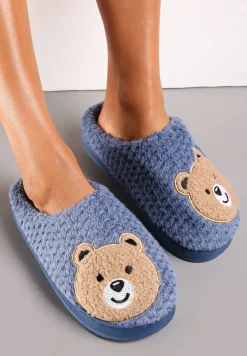 Granatowe Ocieplone Kapcie z Naszywką w Kształcie Uroczego Misia Garana