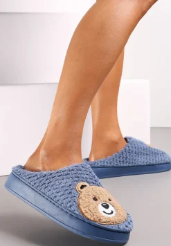 Granatowe Ocieplone Kapcie z Naszywką w Kształcie Uroczego Misia Garana