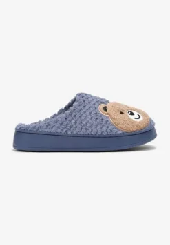 Granatowe Ocieplone Kapcie z Naszywką w Kształcie Uroczego Misia Garana