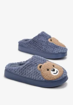 Granatowe Ocieplone Kapcie z Naszywką w Kształcie Uroczego Misia Garana