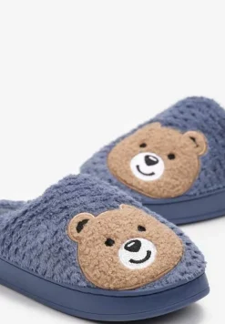 Granatowe Ocieplone Kapcie z Naszywką w Kształcie Uroczego Misia Garana
