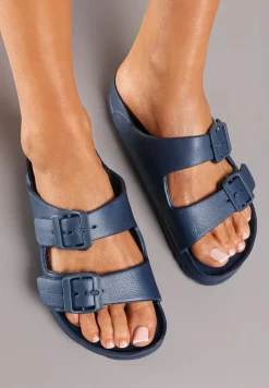 Granatowe Płaskie Klapki z Pianki z Ozdobnymi Klamerkami Neldine