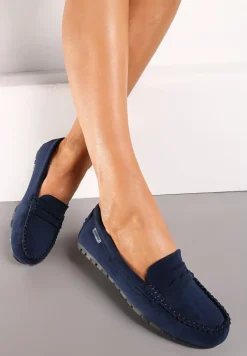 Granatowe Płaskie Mokasyny o Klasycznym Fasonie z Przeszyciem Wenniva