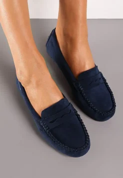 Granatowe Płaskie Mokasyny o Klasycznym Fasonie z Przeszyciem Wenniva