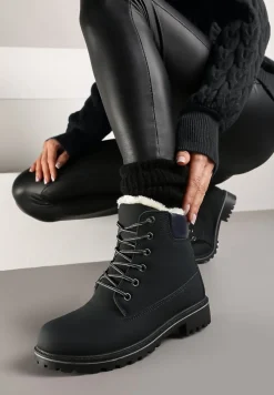 Granatowe Płaskie Sznurowane Trapery z Ociepleniem Mennalea