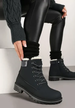 Granatowe Płaskie Sznurowane Trapery z Ociepleniem Mennalea