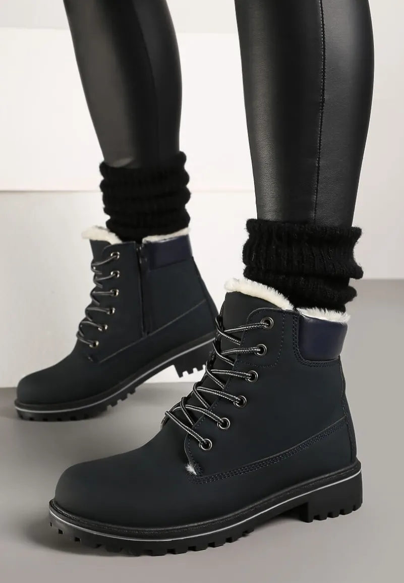 Granatowe Płaskie Sznurowane Trapery z Ociepleniem Mennalea