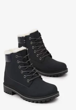 Granatowe Płaskie Sznurowane Trapery z Ociepleniem Mennalea