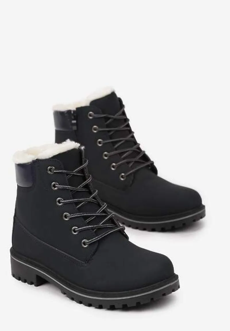 Granatowe Płaskie Sznurowane Trapery z Ociepleniem Mennalea