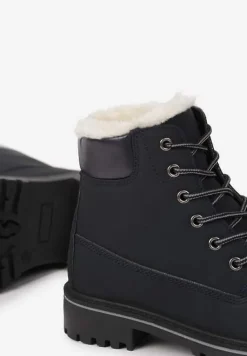 Granatowe Płaskie Sznurowane Trapery z Ociepleniem Mennalea