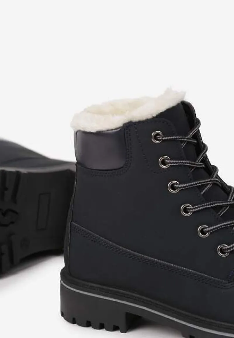 Granatowe Płaskie Sznurowane Trapery z Ociepleniem Mennalea