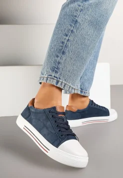 Granatowe Płaskie Trampki ze Skóry Naturalnej ze Skórzaną Wkładką i Ozdobnym Noskiem Milili