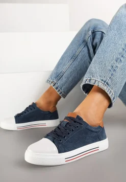 Granatowe Płaskie Trampki ze Skóry Naturalnej ze Skórzaną Wkładką i Ozdobnym Noskiem Milili