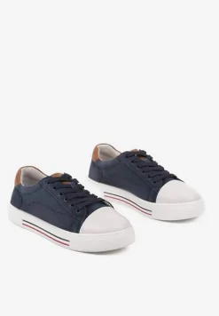 Granatowe Płaskie Trampki ze Skóry Naturalnej ze Skórzaną Wkładką i Ozdobnym Noskiem Milili