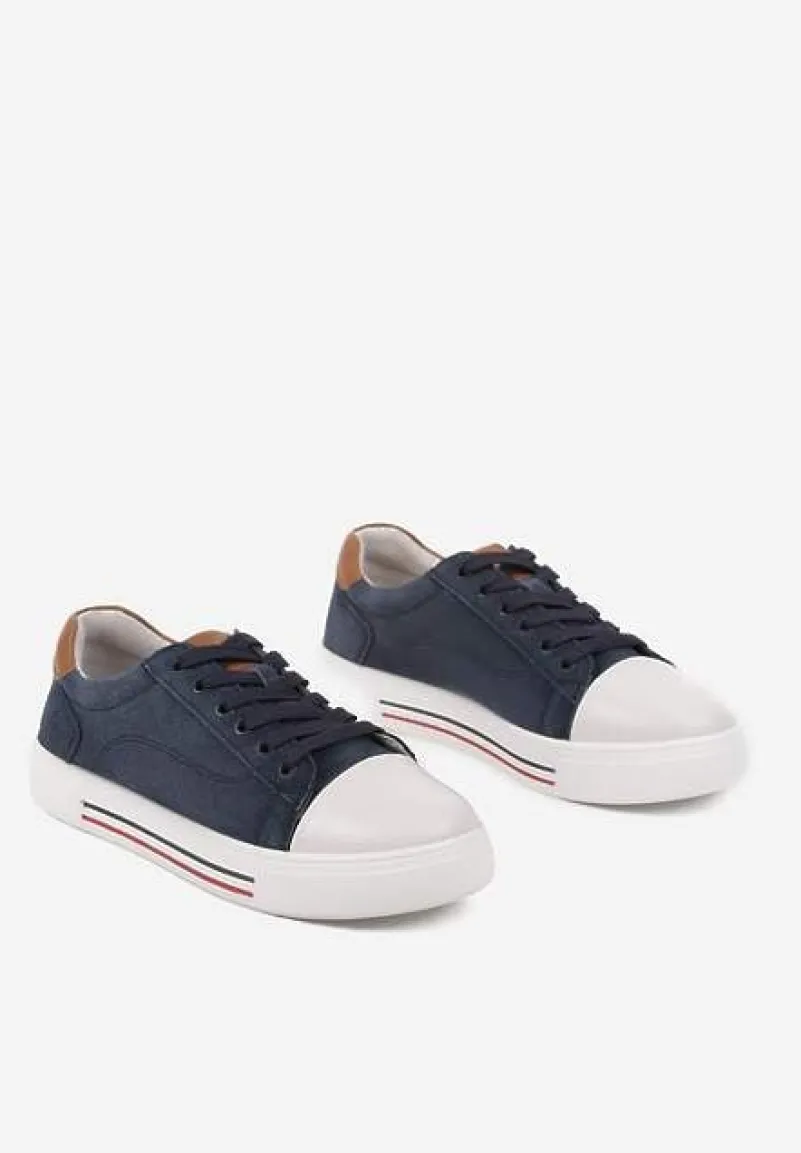 Granatowe Płaskie Trampki ze Skóry Naturalnej ze Skórzaną Wkładką i Ozdobnym Noskiem Milili