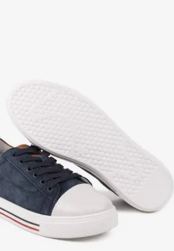 Granatowe Płaskie Trampki ze Skóry Naturalnej ze Skórzaną Wkładką i Ozdobnym Noskiem Milili