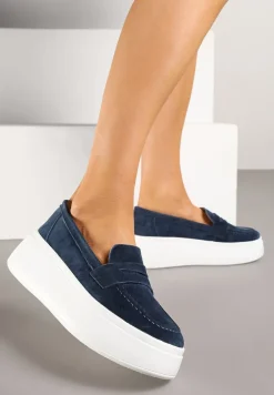 Granatowe Półbuty w Stylu Mokasynów na Platformie ze Skóry Naturalnej Nilovira