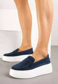 Granatowe Półbuty w Stylu Mokasynów na Platformie ze Skóry Naturalnej Nilovira