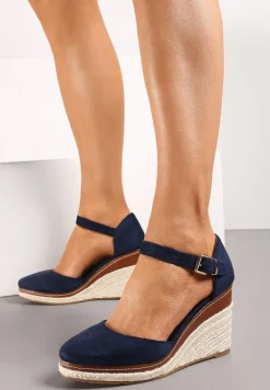 Granatowe Sandały na Plecionym Koturnie ze Sprzączką Catlinna