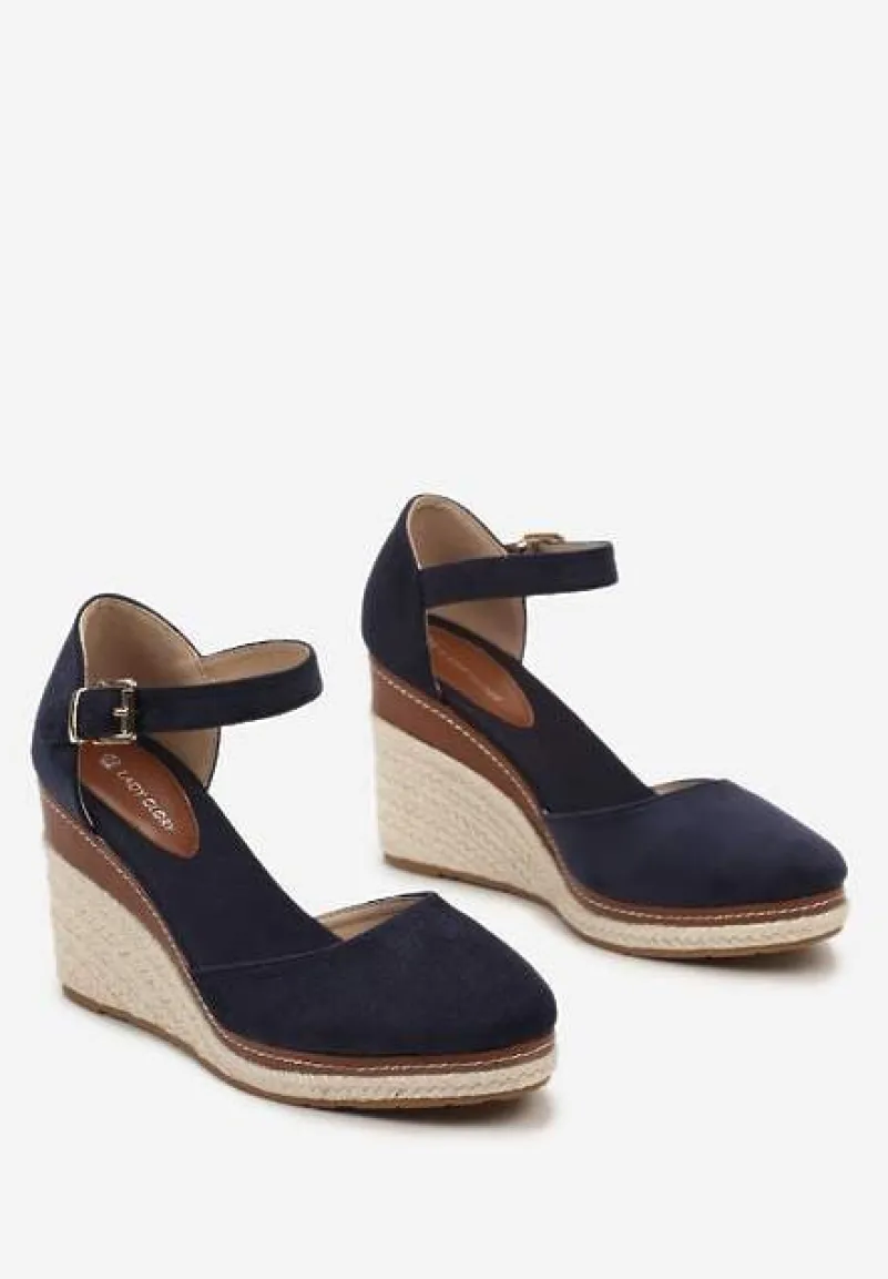 Granatowe Sandały na Plecionym Koturnie ze Sprzączką Catlinna