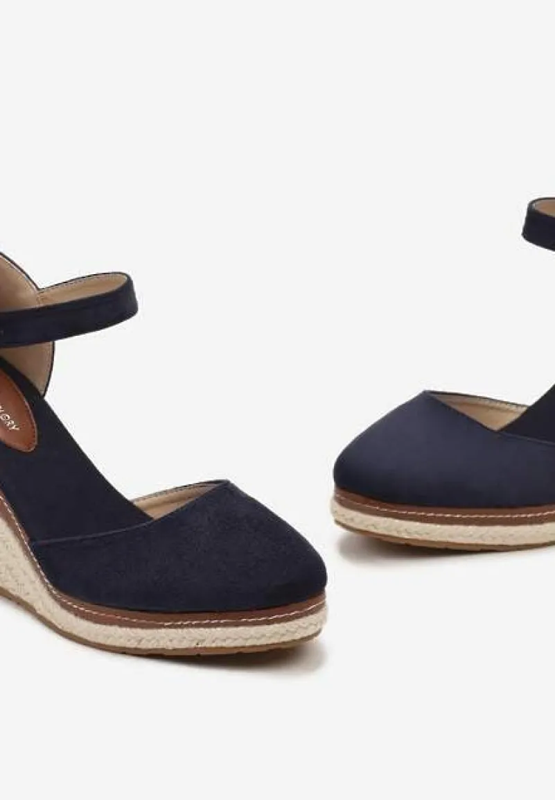 Granatowe Sandały na Plecionym Koturnie ze Sprzączką Catlinna