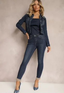 Granatowe Skinny Jeansy ze Sztucznym Futerkiem przy Kostkach Pelle