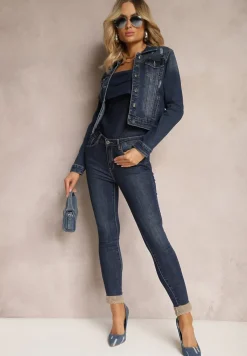 Granatowe Skinny Jeansy ze Sztucznym Futerkiem przy Kostkach Pelle