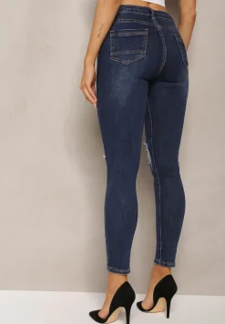 Granatowe Skinny Jeansy z Bawełny Ozdobione Napisami i Przetarciami Annaca