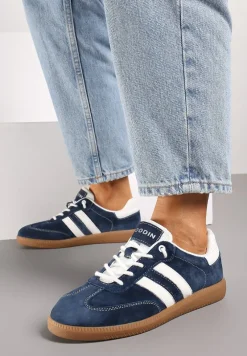 Granatowe Sneakersy ze Skóry Naturalnej na Płaskiej Podeszwie Wykończone Paskami Navinda