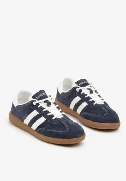 Granatowe Sneakersy ze Skóry Naturalnej na Płaskiej Podeszwie Wykończone Paskami Navinda