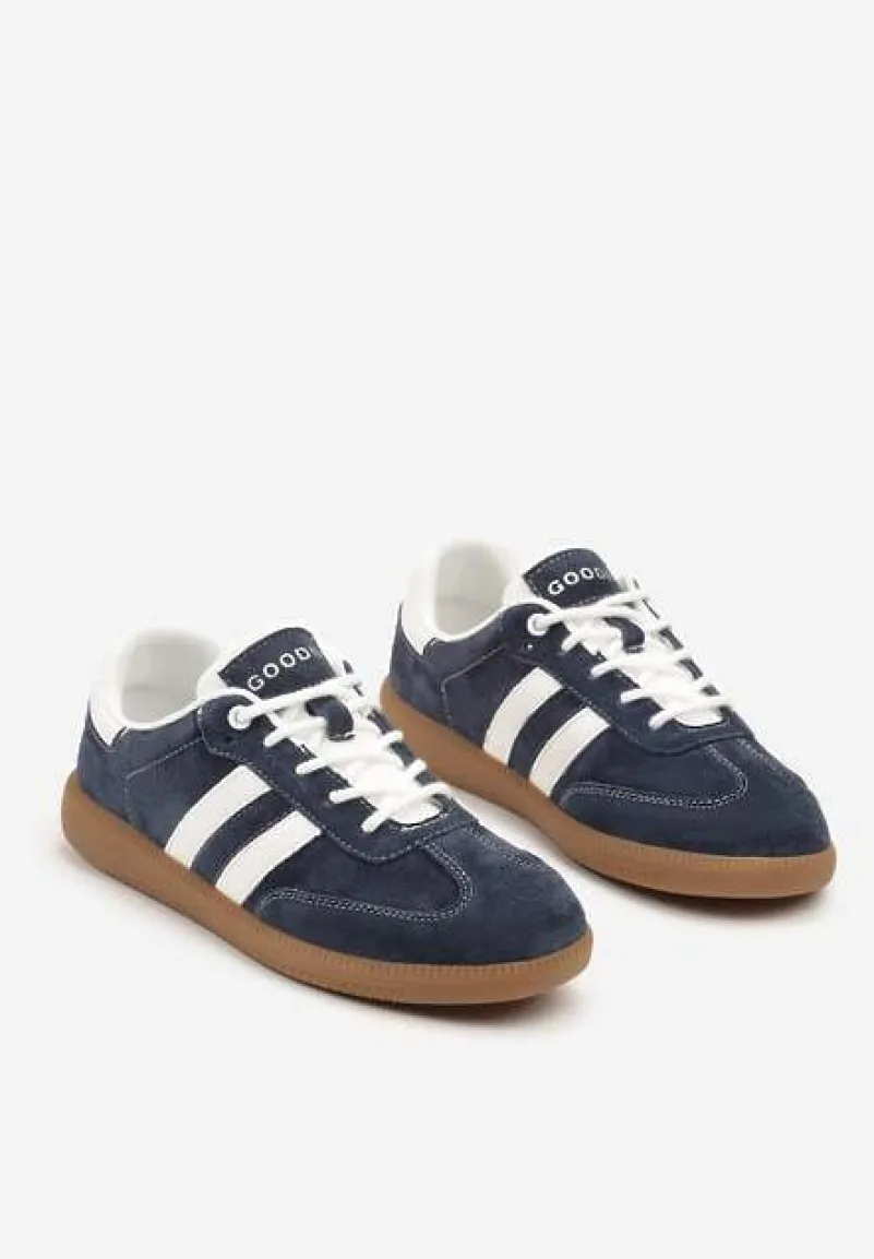 Granatowe Sneakersy ze Skóry Naturalnej na Płaskiej Podeszwie Wykończone Paskami Navinda