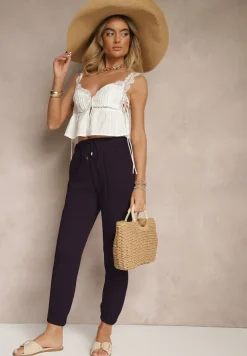 Granatowe Spodnie Dresowe High Waist z Ozdobnym Wiązaniem Ellivaria