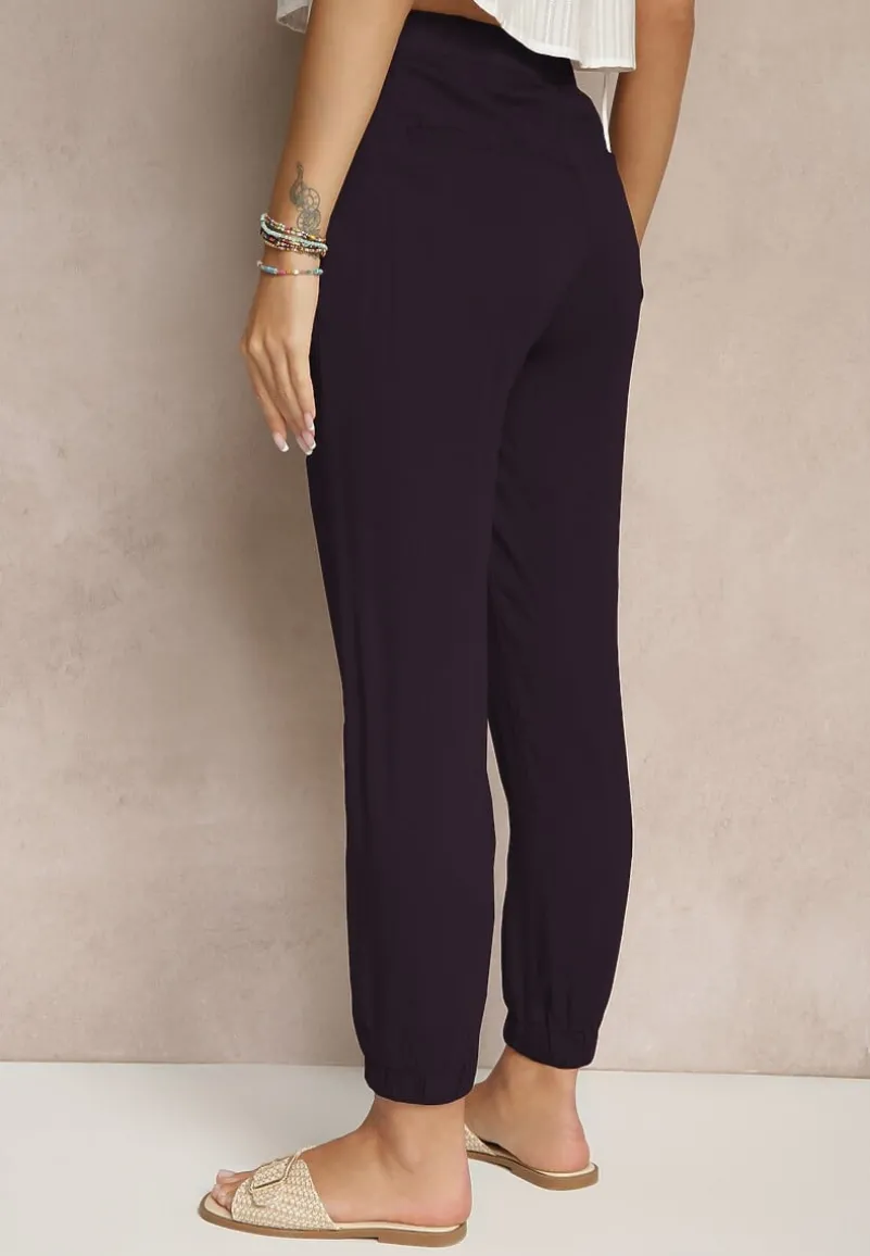 Granatowe Spodnie Dresowe High Waist z Ozdobnym Wiązaniem Ellivaria