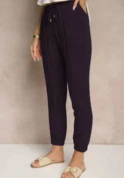 Granatowe Spodnie Dresowe High Waist z Ozdobnym Wiązaniem Ellivaria