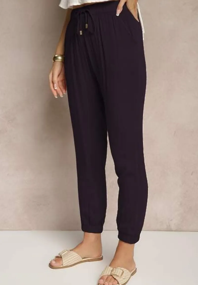 Granatowe Spodnie Dresowe High Waist z Ozdobnym Wiązaniem Ellivaria