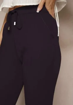 Granatowe Spodnie Dresowe High Waist z Ozdobnym Wiązaniem Ellivaria