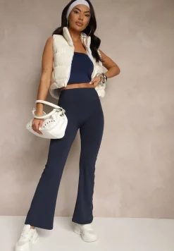 Granatowe Spodnie Dzwony Legginsy High Waist Onellin