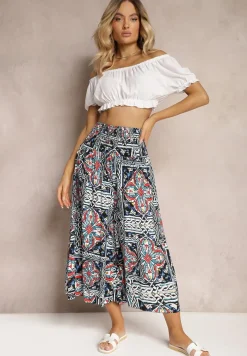 Granatowe Spodnie Kuloty z Bawełny High Waist z Gumką w Pasie Palovia