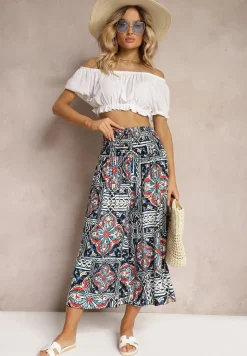 Granatowe Spodnie Kuloty z Bawełny High Waist z Gumką w Pasie Palovia