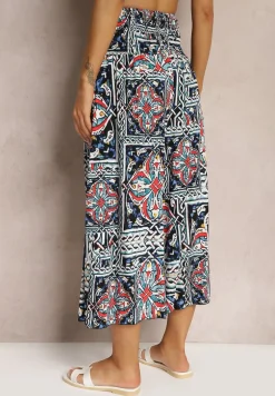 Granatowe Spodnie Kuloty z Bawełny High Waist z Gumką w Pasie Palovia